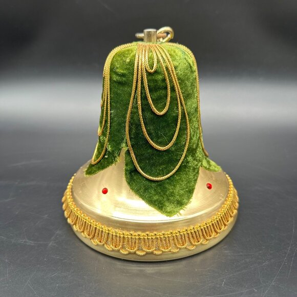 Vintage Green Velvet Gold Christmas Bell Music Box Hanging Decoration Japan - Picture 4 of 11